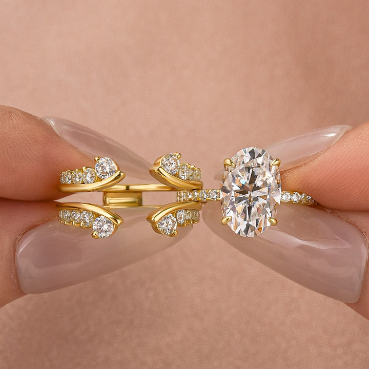 Moissanite 4.0Ct Oval Cut Yellow Gold Wedding Ring with Enhancer Ring