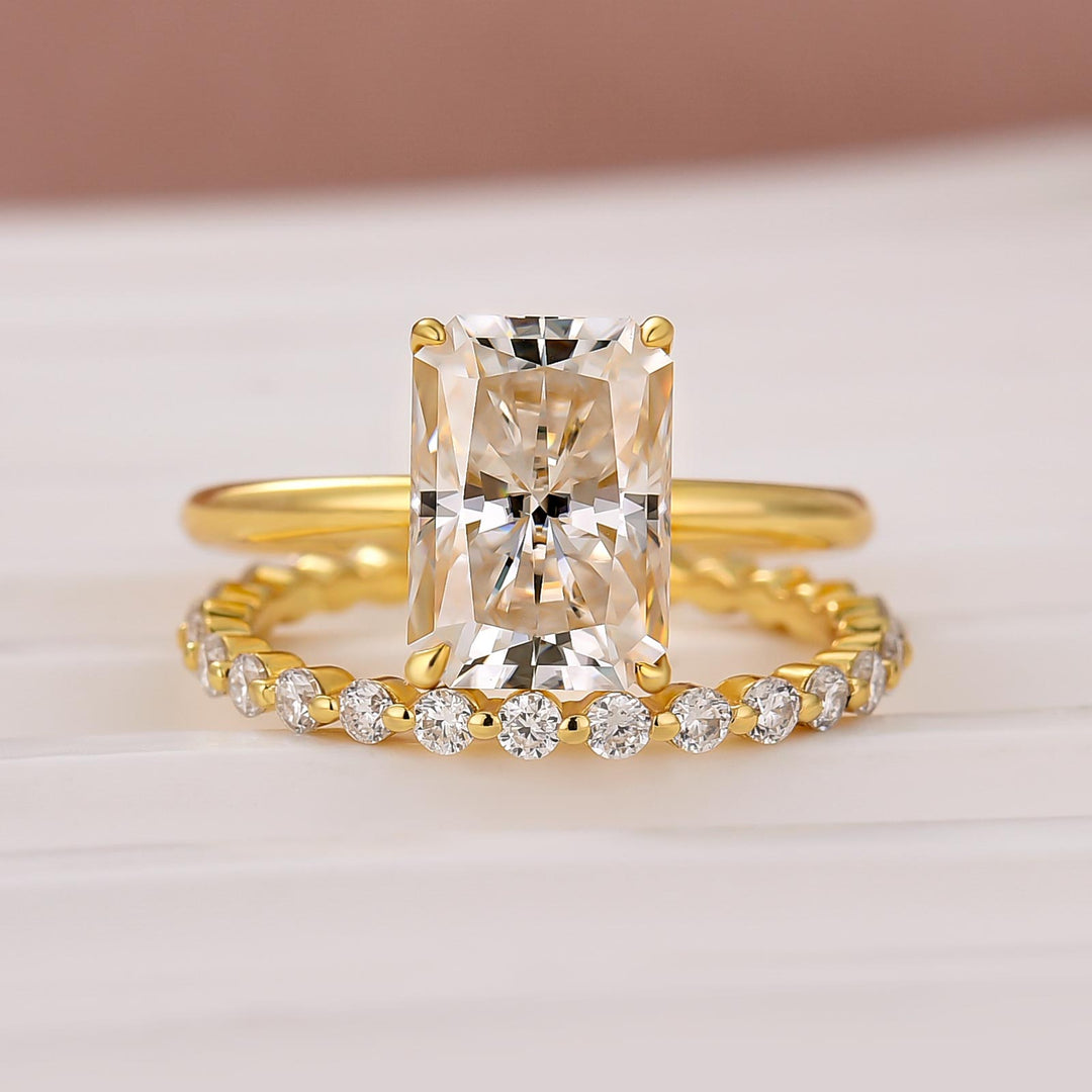 Moissanite 2PC 3.5Ct Solitaire Radiation Ring & Classic Band Stackable Ring Sets