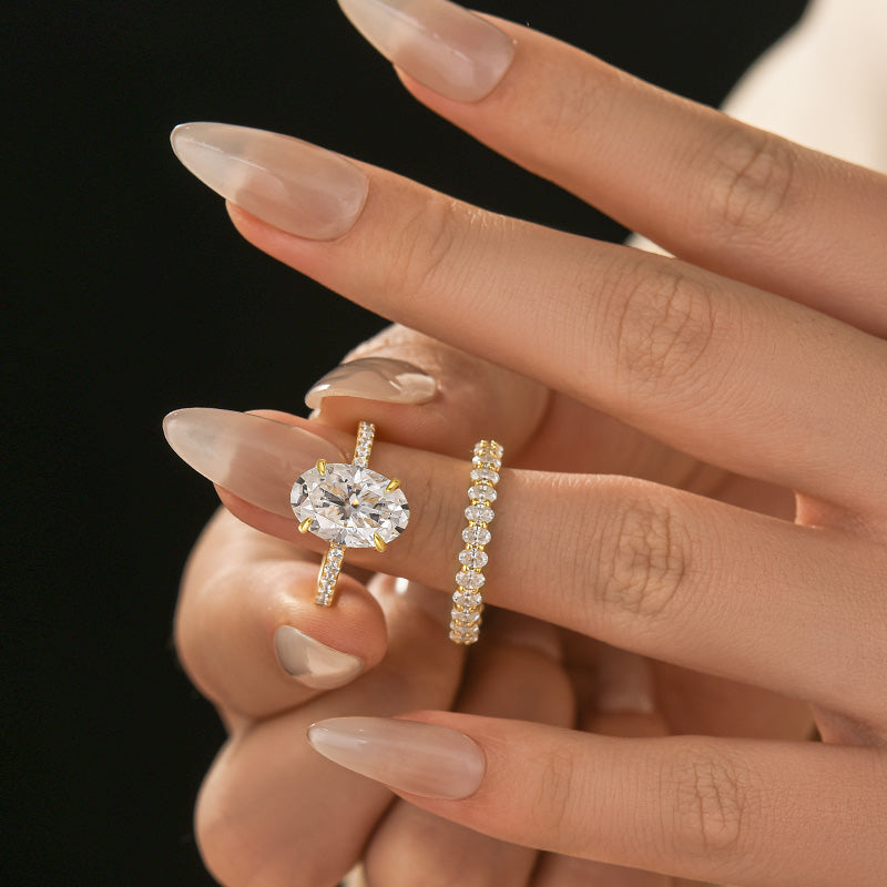 Moissanite 4.0Ct Hidden Halo Oval Cut Yellow Gold Engagement Ring with 3.0Ct Oval Cut Wedding Band