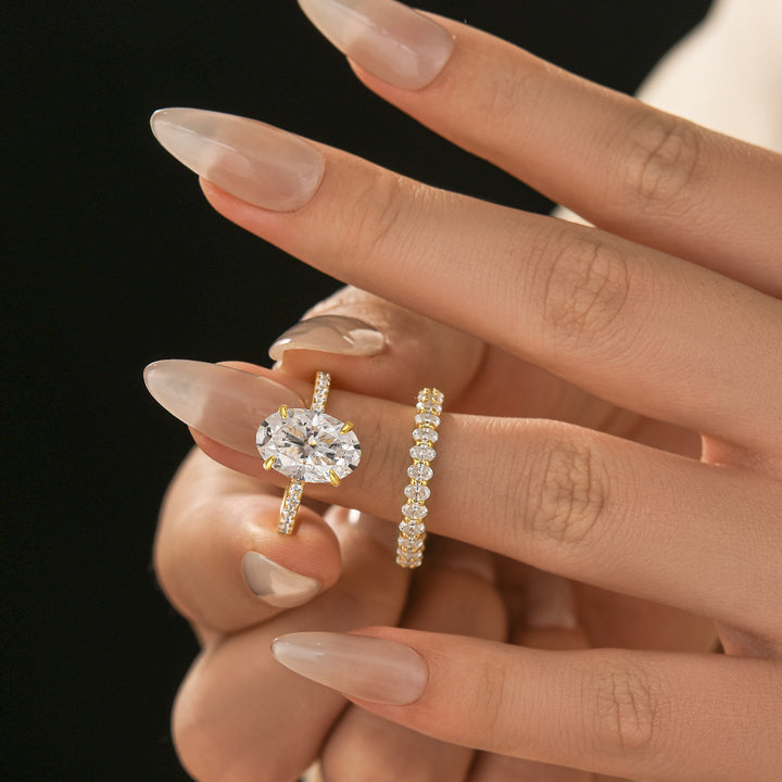 Moissanite 4.0Ct Hidden Halo Oval Cut Yellow Gold Engagement Ring with 3.0Ct Oval Cut Wedding Band