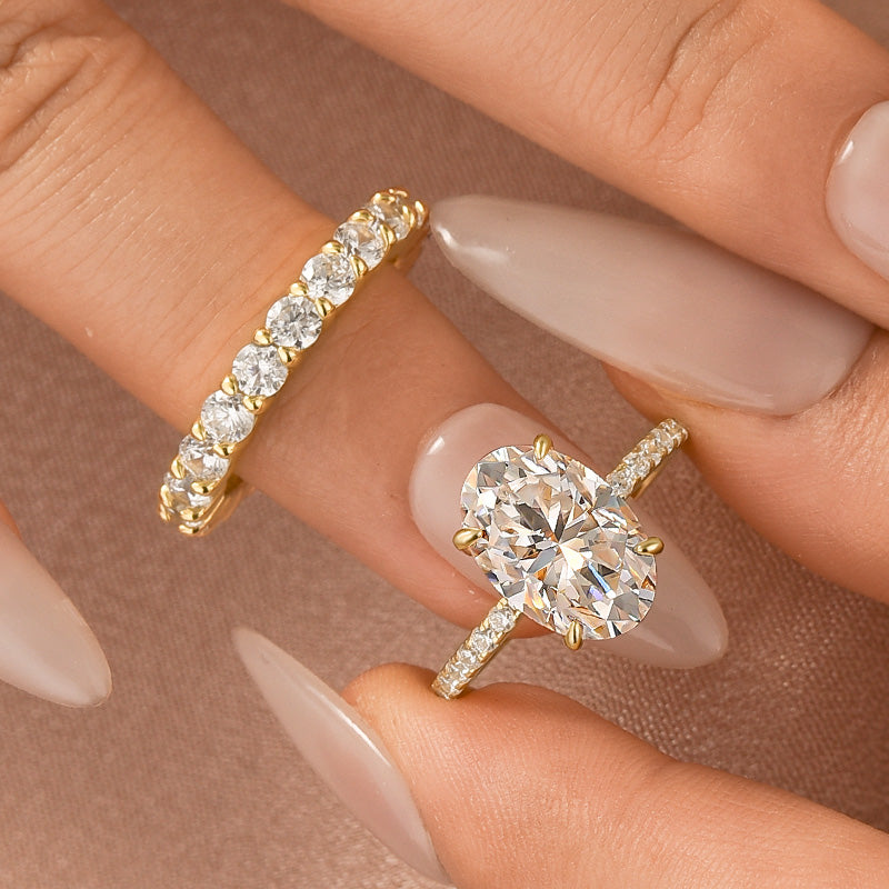 Moissanite 4.0Ct Oval Cut Hidden Halo 2PC Stackable Statement Ring Sets In Sterling Silver