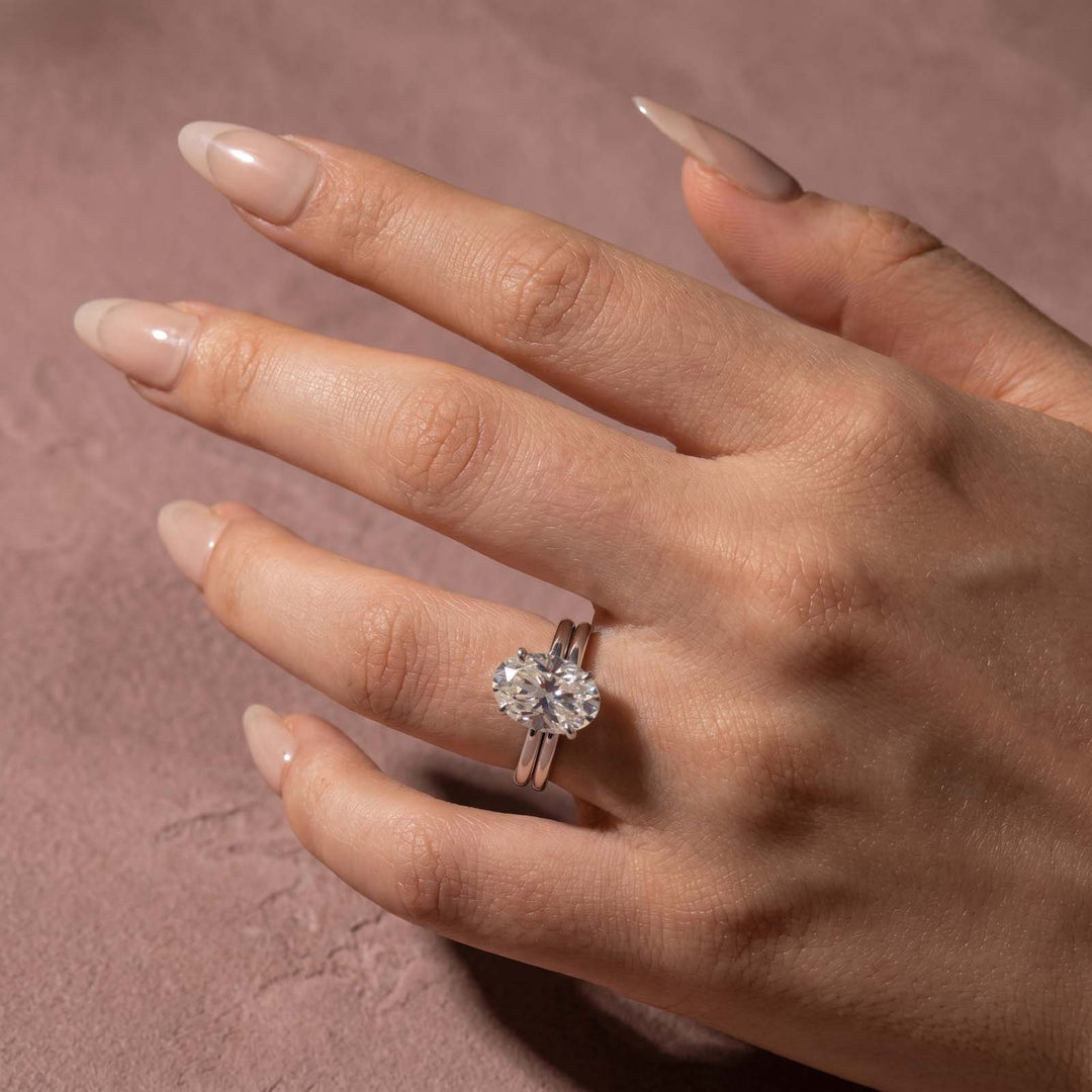 Rodiffy Moissanite 4.0Ct Solitaire Oval Cut White Gold Engagement Ring with Plain Wedding Band