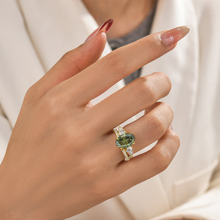Rodiffy Moissanite 4.0Ct Oval Cut Yellow Gold Wedding Ring with Open Pear Cut Enhancer Ring
