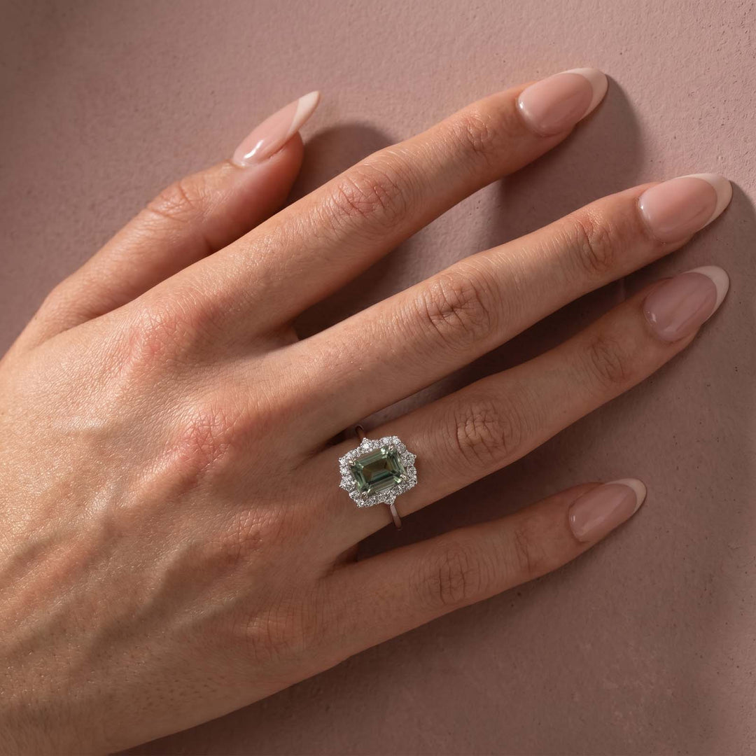 Moissanite 3.0Ct Halo Emerald Stone Emerald Cut Engagement Ring in Sterling Silver