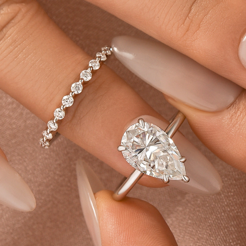 S925 Moissanite 4.0Ct Pear Cut Engagement Ring With Pave 0.36Ct Band 2PC Stackable Bridal Ring Set