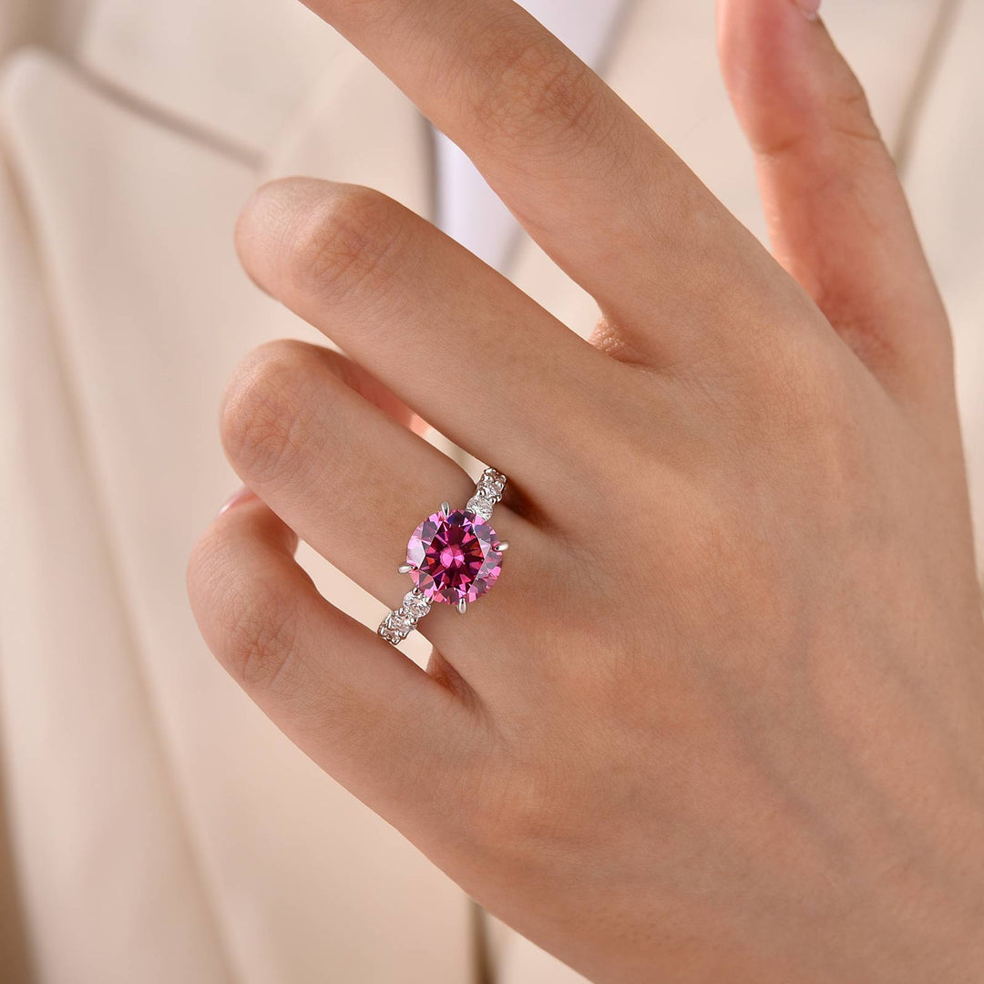 Moissanite 2.0~4.0Ct Pink Round Cut Hidden Halo Everyday Wearable Ring With Sparkling Side Stones