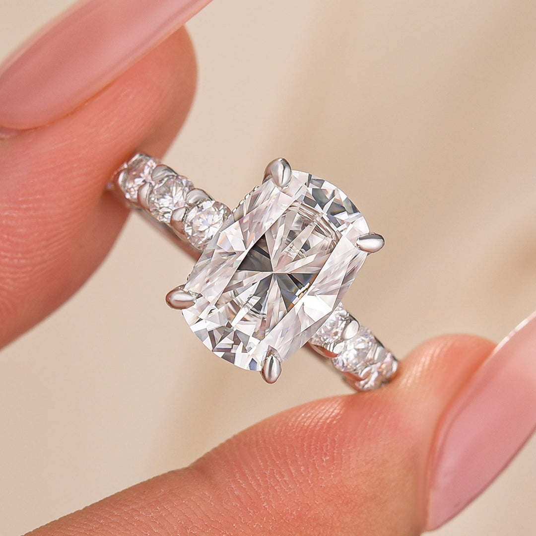 S925 Moissanite 4.5Ct Cushion Cut 18K White Gold Plated Elongated Stone Everyday Wearable Ring For Her