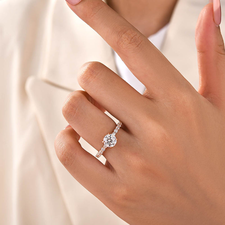 Moissanite 1.0Ct Round Cut Hidden Halo Stackable Side Stone Ring For Women