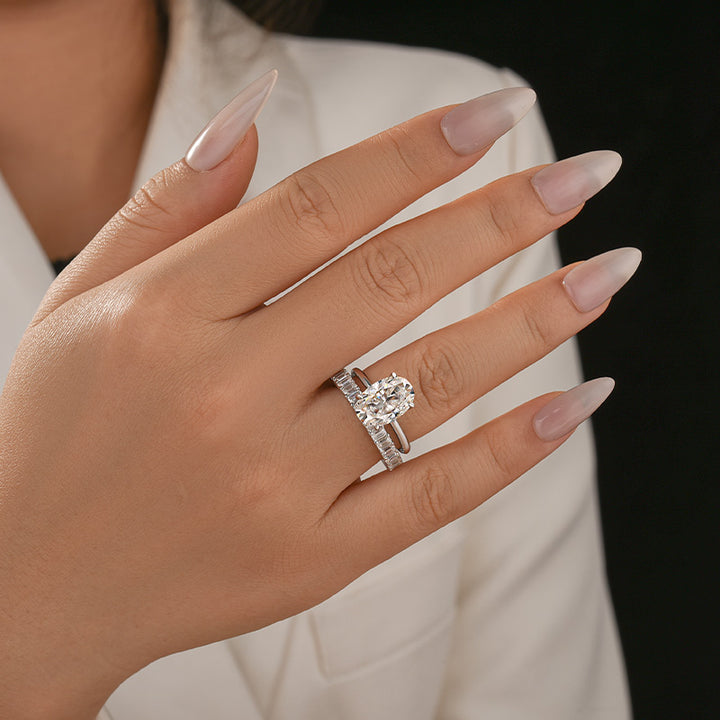 Moissanite 4.0Ct Solitaire Oval Cut/3.5Ct Emerald Cut White Gold Wedding Ring with Emerald Cut Wedding Ring