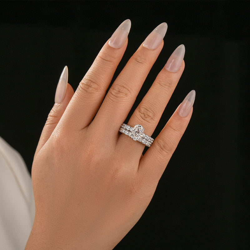 Moissanite 3.0Ct Oval Cut Side Stone White Gold Engagement Ring with Pavé Eternity Ring