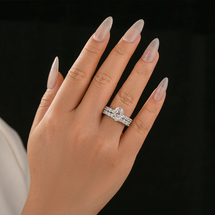 Moissanite 2.5Ct Oval Cut Side Stone White Gold Engagement Ring with Pavé Eternity Ring