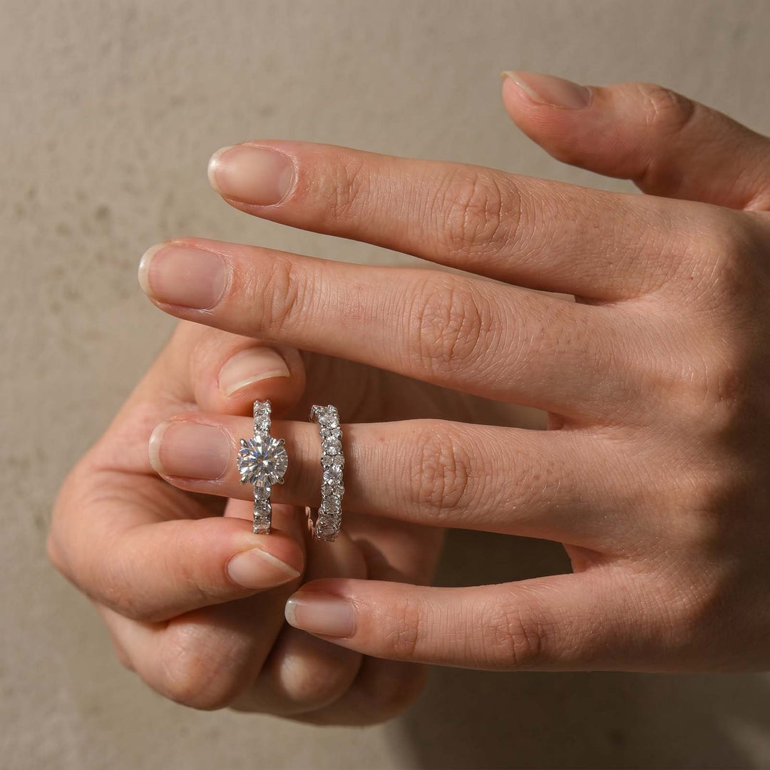 Rodiffy Moissanite S925 2.0Ct Round Cut 2PC Brival Ring Set Solitaire Promise Ring & Pavé Eternity Band