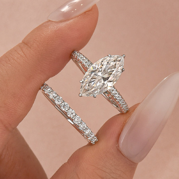 Moissanite 3.0Ct Marquise Cut Pave Three-Sided Band Bridal Ring Set
