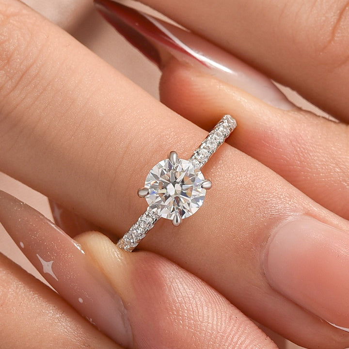 Triple Row Pavé 1.0Ct/2.0Ct Round Cut Moissanite Engagement Ring In Sterling Silver