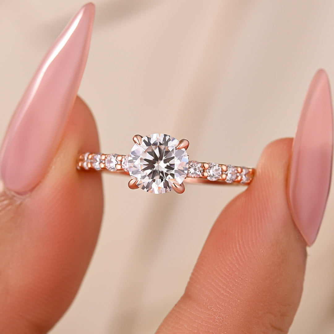 Moissanite 1.0Ct Round Cut Hidden Halo Stackable Side Stone Ring For Women