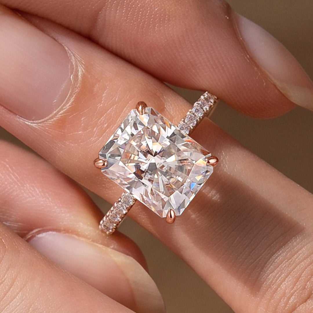 S925 Moissanite 4.0Ct Radiant Cut Hidden Halo Engagement Ring in 18K White Gold Sterling Silver