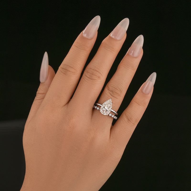 S925 Moissanite 4.0Ct Pear Cut Engagement Ring With Pave 0.36Ct Band 2PC Stackable Bridal Ring Set