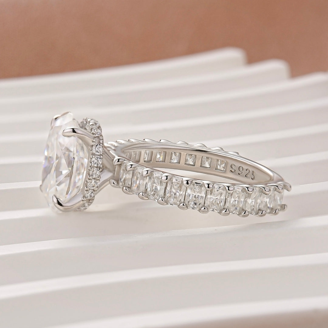 Moissanite 3.5Ct Oval Ring With Hidden Sparkle & Side Stones In Sterling Silver