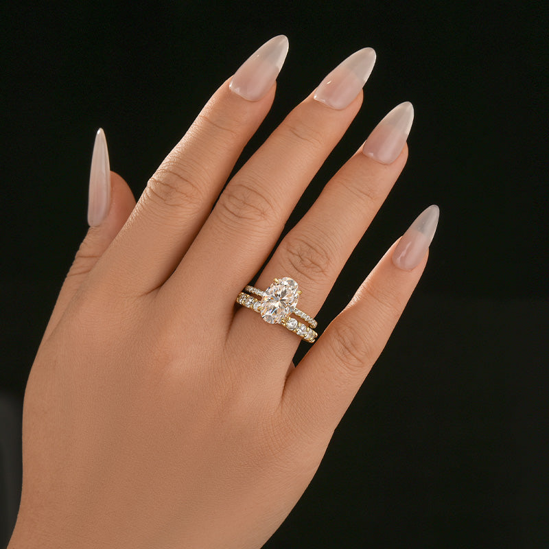 Moissanite 4.0Ct Oval Cut Hidden Halo 2PC Stackable Statement Ring Sets In Sterling Silver