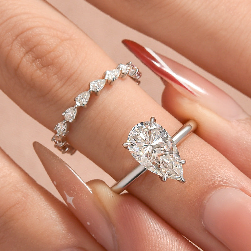 Rodiffy 2PC Moissanite 4.0Ct Pear Cut Engagement Ring With Pear Cut Wedding Band Wedding Ring Set