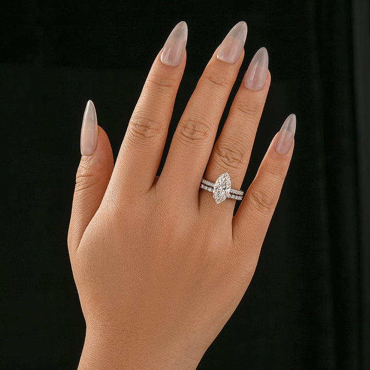 Moissanite 3.0Ct Marquise Cut Pave Three-Sided Band Bridal Ring Set