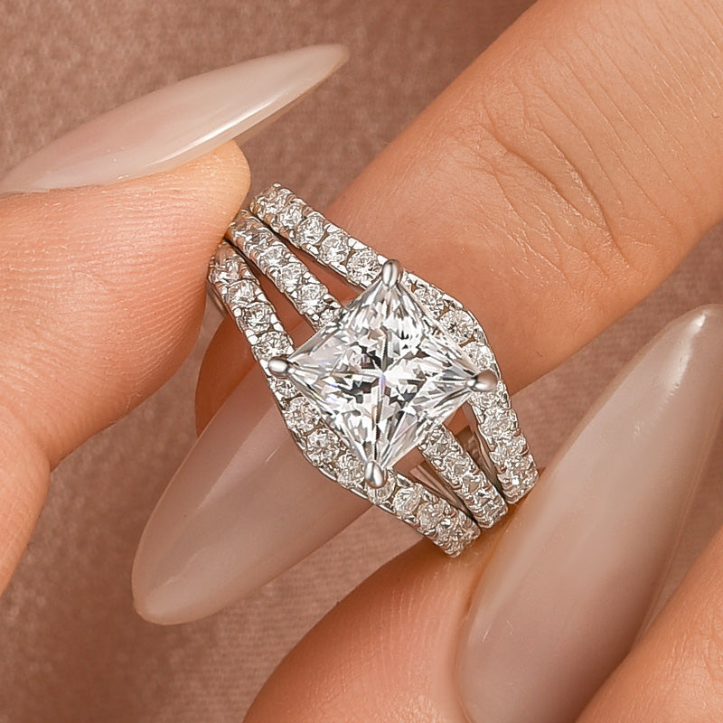 Moissanite 3.0Ct Cushion Cut/2.0Ct Princess Cut White Gold Wedding Ring with Enhancer Ring