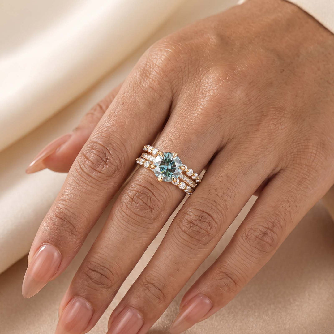 S925 Moissanite 2.0Ct~3.0Ct Radiant Cut/Round Cut Green Hidden Halo Vintage Enhancer Ring Sets