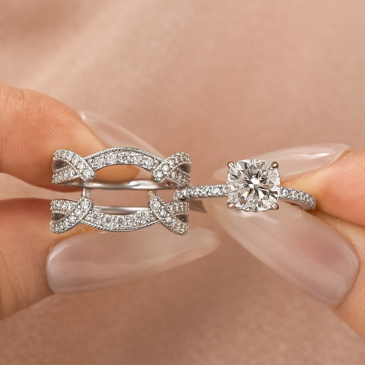 S925 Moissanite 2Ct Cushion Cut Wedding Ring &amp; Twisted Pave 1.17Ct  Band 2PC Enhancer Bridal Ring Set