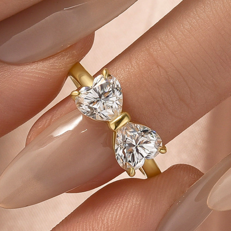 1.0Ct*2 Heart Cut Toi et Moi Yellow Gold Moissanite Engagement Ring in S925 Sterling Silver