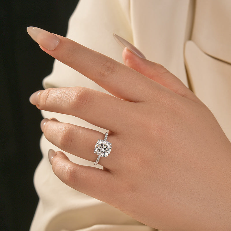 S925 Moissanite 3.5Ct Cushion Cut Double Hidden Halo Engagement Ring in Sterling Silver