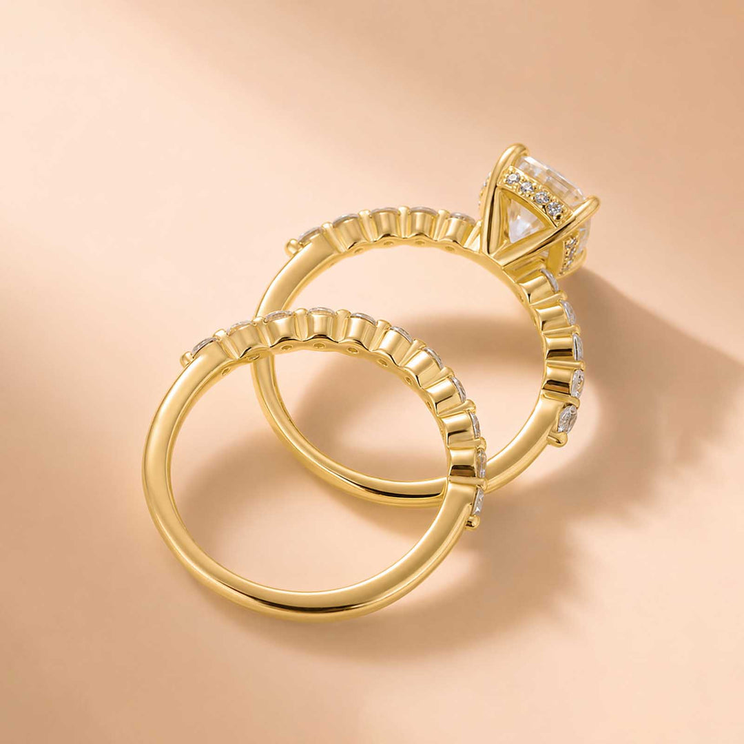 S925 Moissanite 2.0 Ct Cushion Cut Yellow Gold Wedding Ring Set For Women
