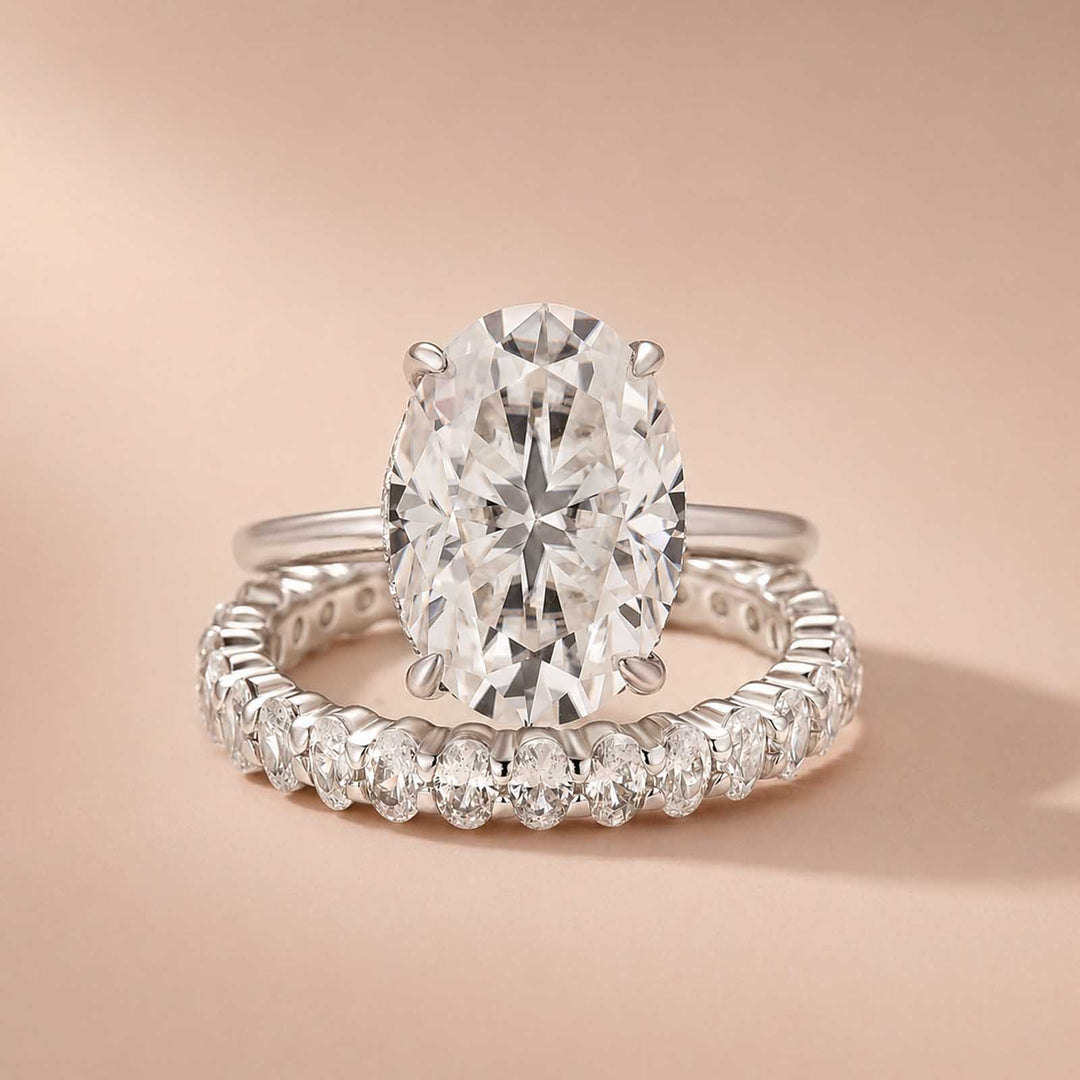 Rodiffy Moissanite 5.5Ct Solitaire Oval Cut White Gold Engagement Ring with Eternity Oval Cut Ring