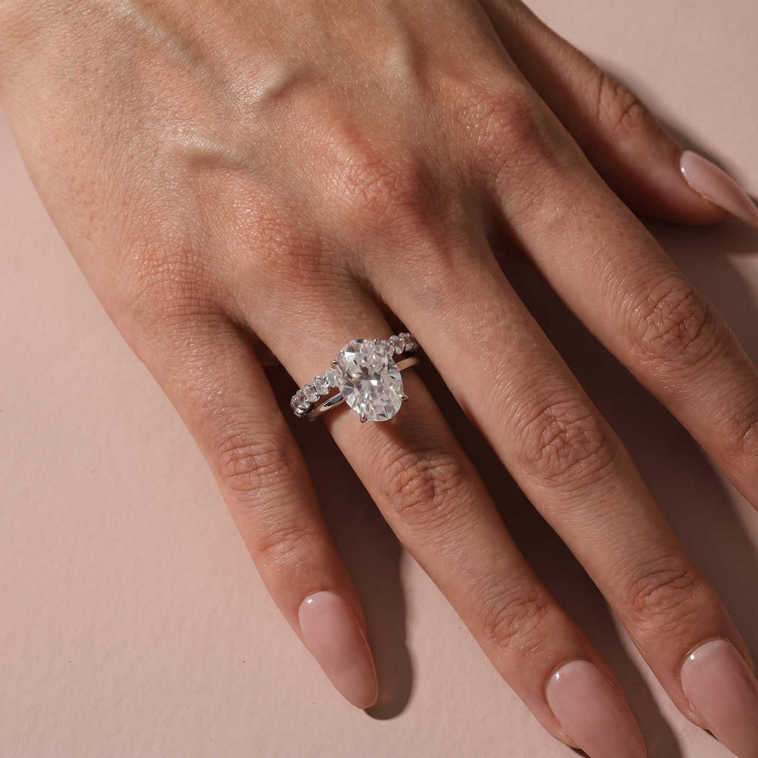Rodiffy Moissanite 5.5Ct Solitaire Oval Cut White Gold Engagement Ring with Eternity Oval Cut Ring
