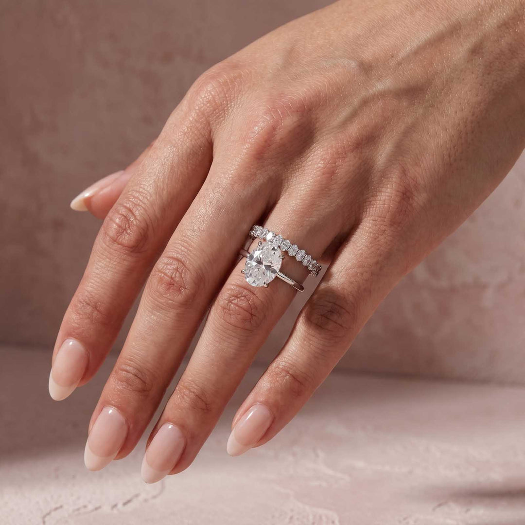 Rodiffy Moissanite 5.5Ct Solitaire Oval Cut White Gold Engagement Ring with Eternity Oval Cut Ring