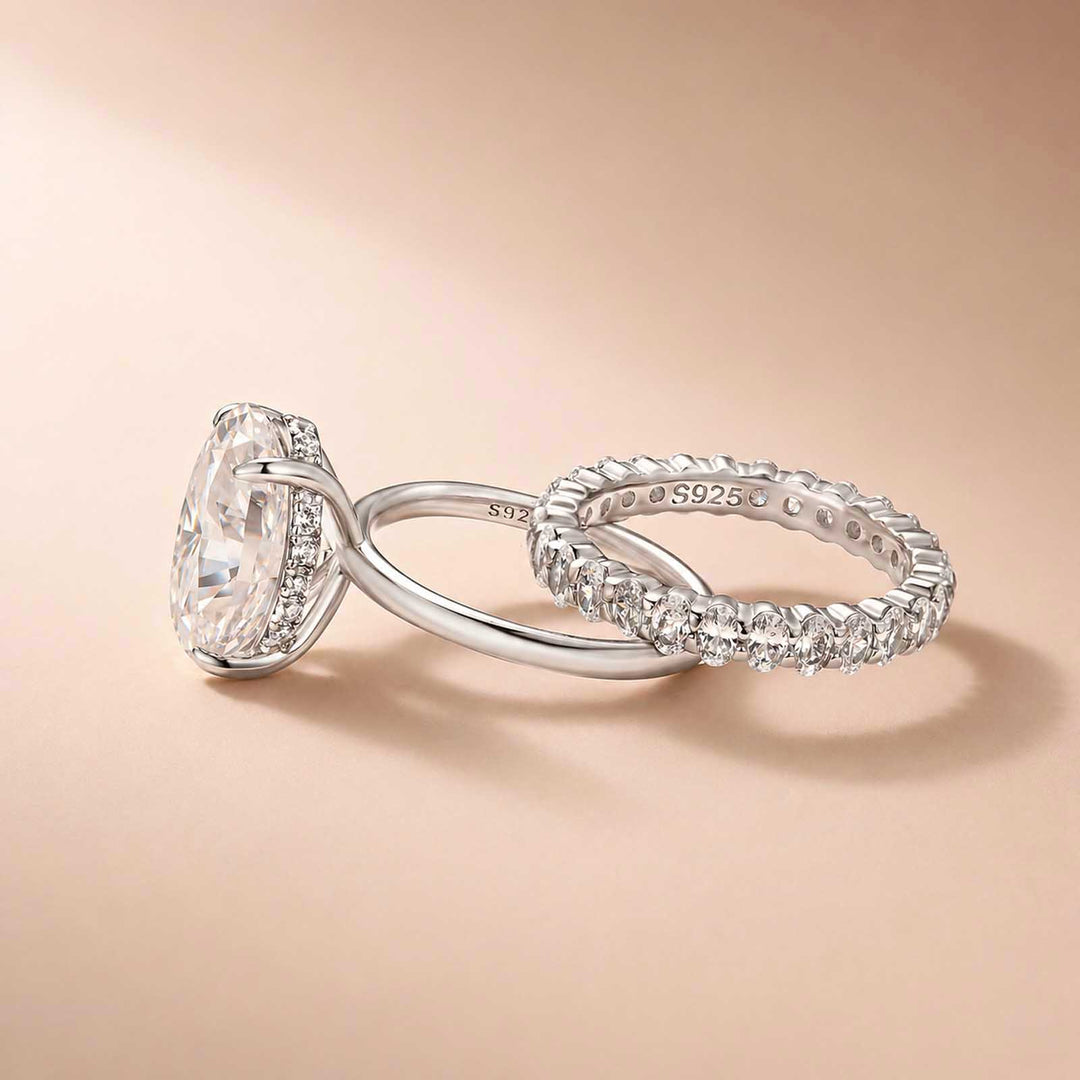 Rodiffy Moissanite 5.5Ct Solitaire Oval Cut White Gold Engagement Ring with Eternity Oval Cut Ring