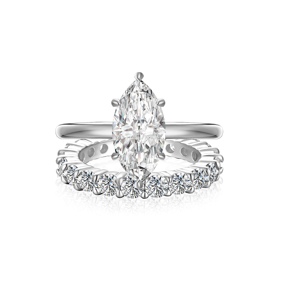 Moissanite 2.0Ct Marquise Cut Solitaire White Gold Engagement Ring with Pavé Eternity Ring