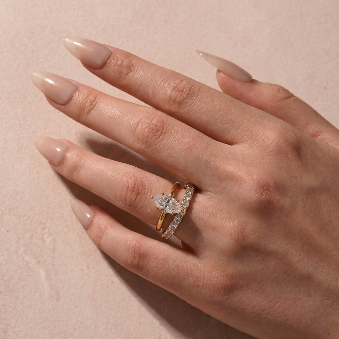 Moissanite 2.0Ct Marquise Cut Solitaire Engagement Ring with Pavé Eternity Ring