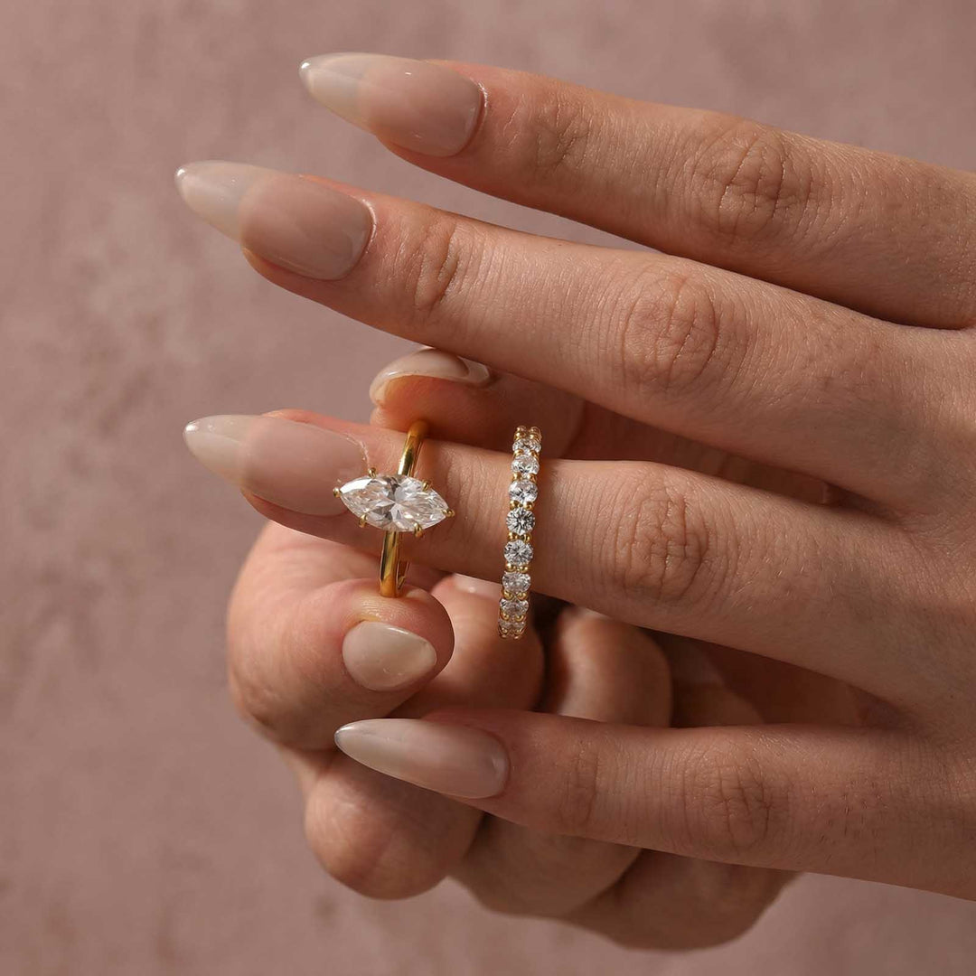 Moissanite 2.0Ct Marquise Cut Solitaire Engagement Ring with Pavé Eternity Ring