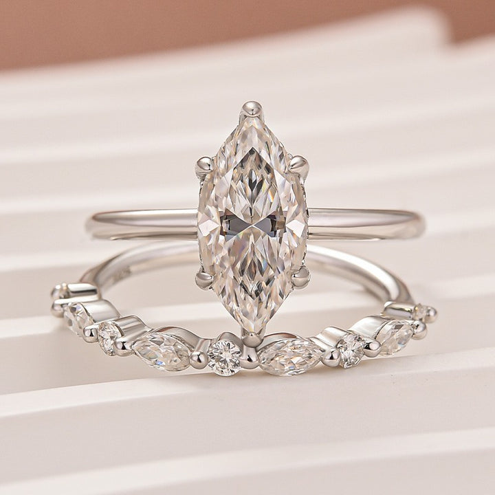 Moissanite 2.0 Ct Marquise Cut Solitaire White Gold Engagement Ring with Round &amp; Marquise Accents Bands