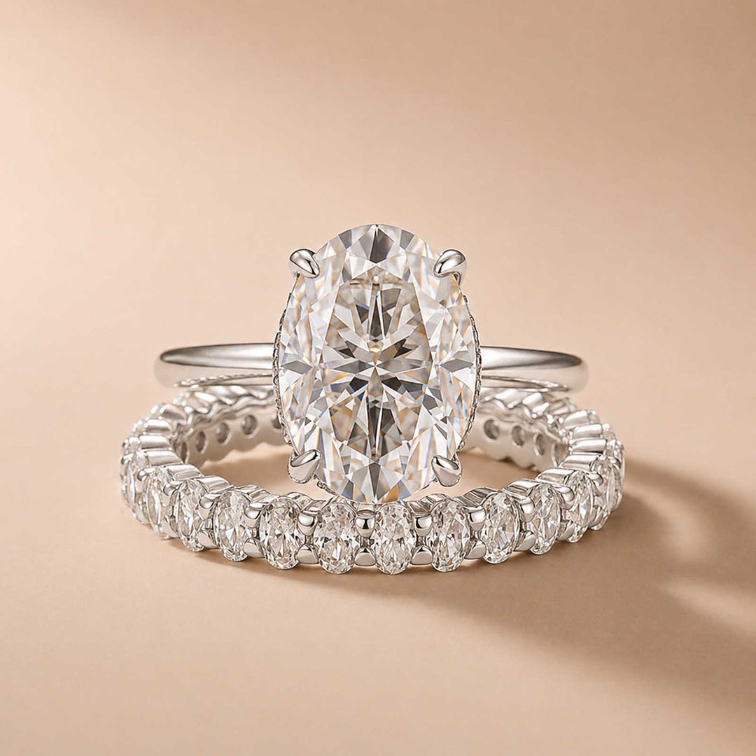 Moissanite 4.0 Ct Oval Cut White Gold Engagement Ring with Oval Cut Eternity Ring