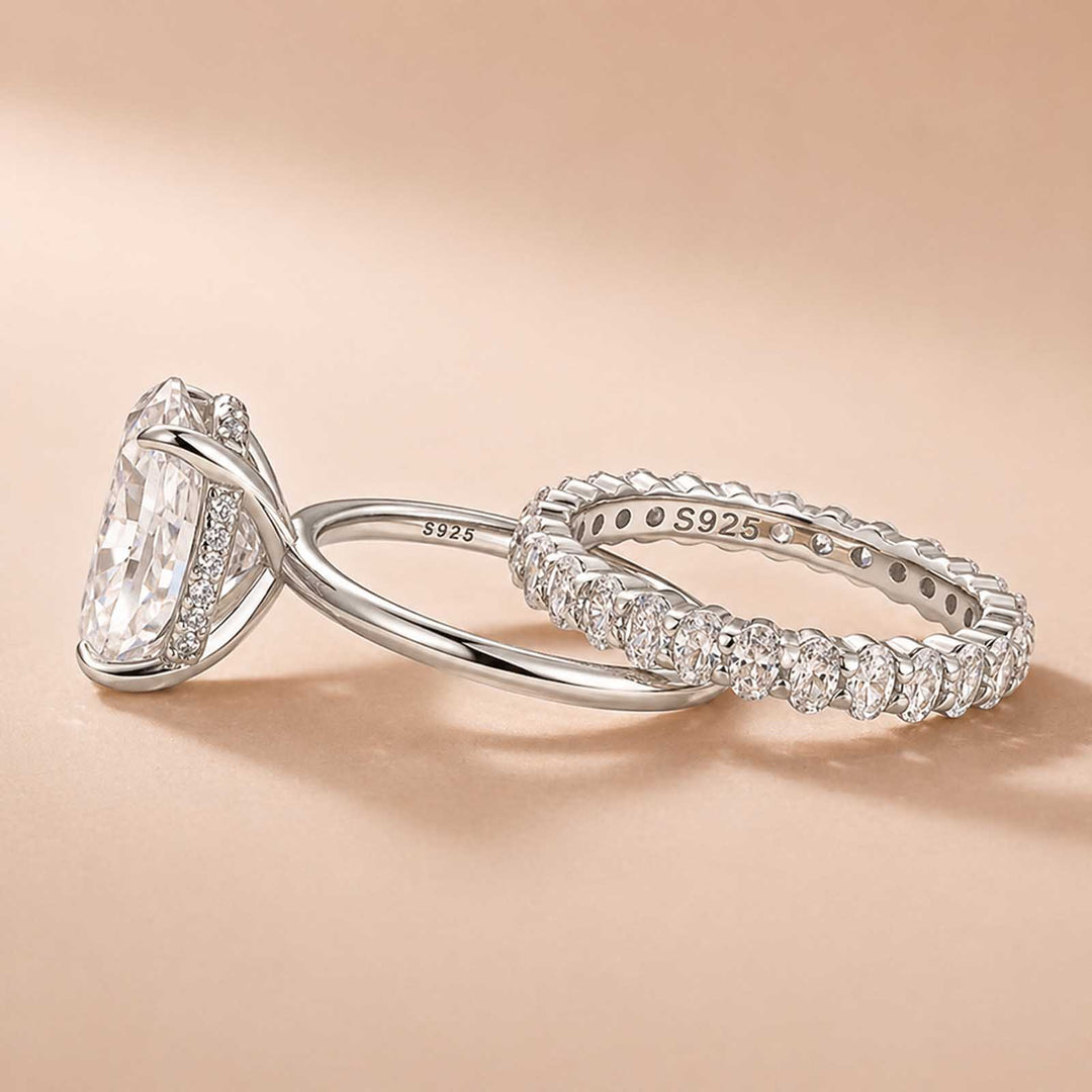 Moissanite 4.0 Ct Oval Cut White Gold Engagement Ring with Oval Cut Eternity Ring