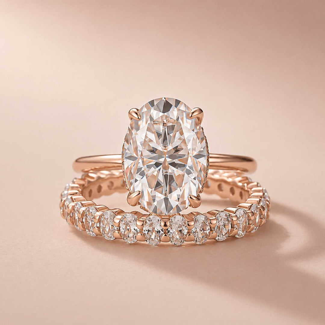 Rodiffy Moissanite 4.0Ct Oval Cut Rose Gold Engagement Ring with Oval Cut Eternity Ring