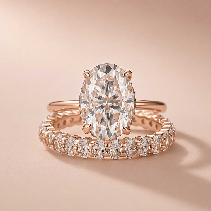 Rodiffy Moissanite 4.0Ct Oval Cut Rose Gold Engagement Ring with Oval Cut Eternity Ring