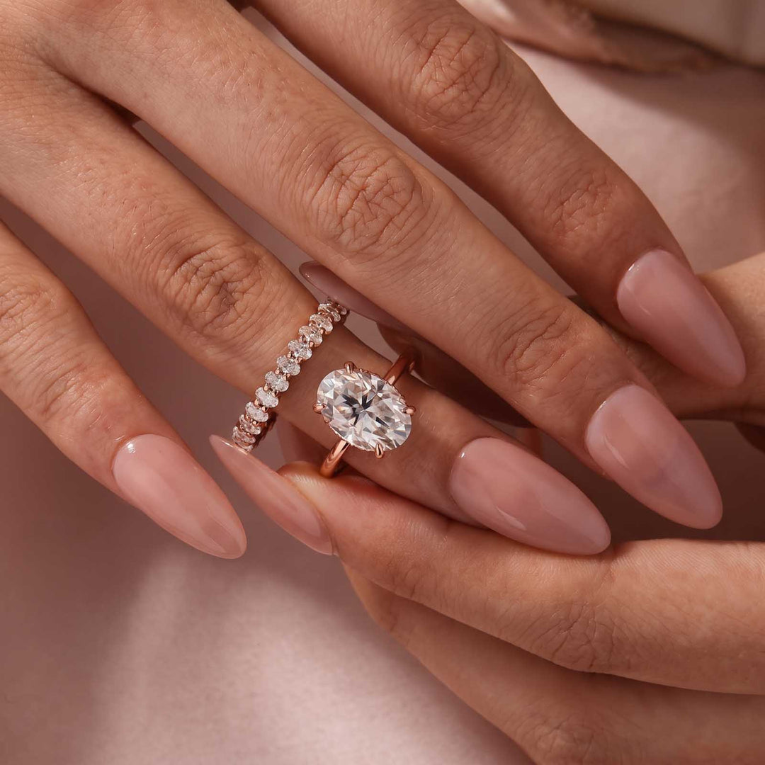 Rodiffy Moissanite 4.0Ct Oval Cut Rose Gold Engagement Ring with Oval Cut Eternity Ring