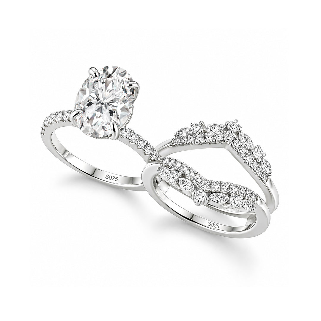 Moissanite 4.0Ct Oval Cut White Gold Stack Wedding Ring with Jacket Wedding Band