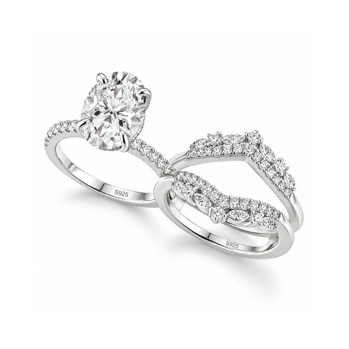 Moissanite 4.0Ct Oval Cut White Gold Stack Wedding Ring with Jacket Wedding Band