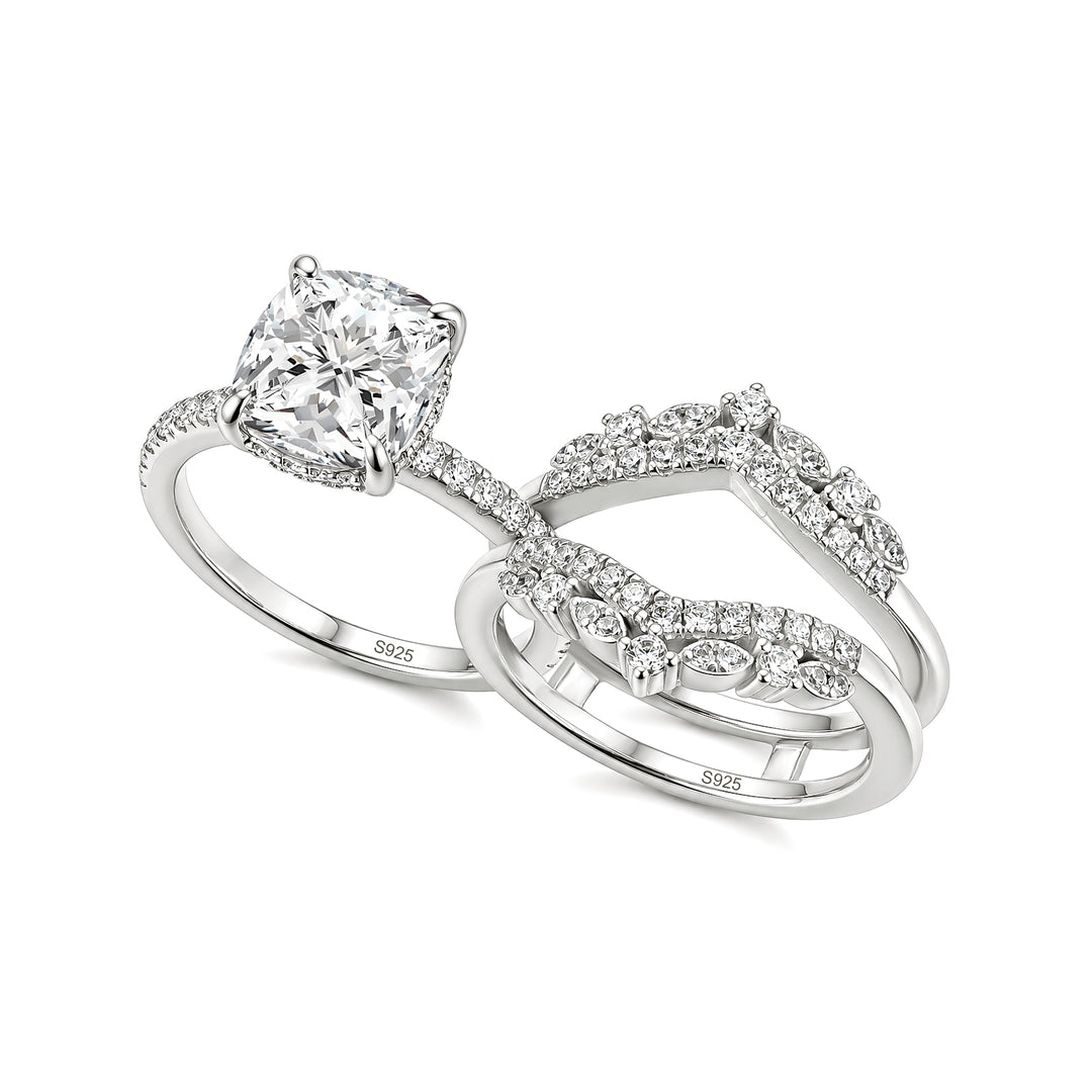Moissanite 3.0Ct Cushion Cut White Gold Stack Wedding Ring with Jacket Wedding Band