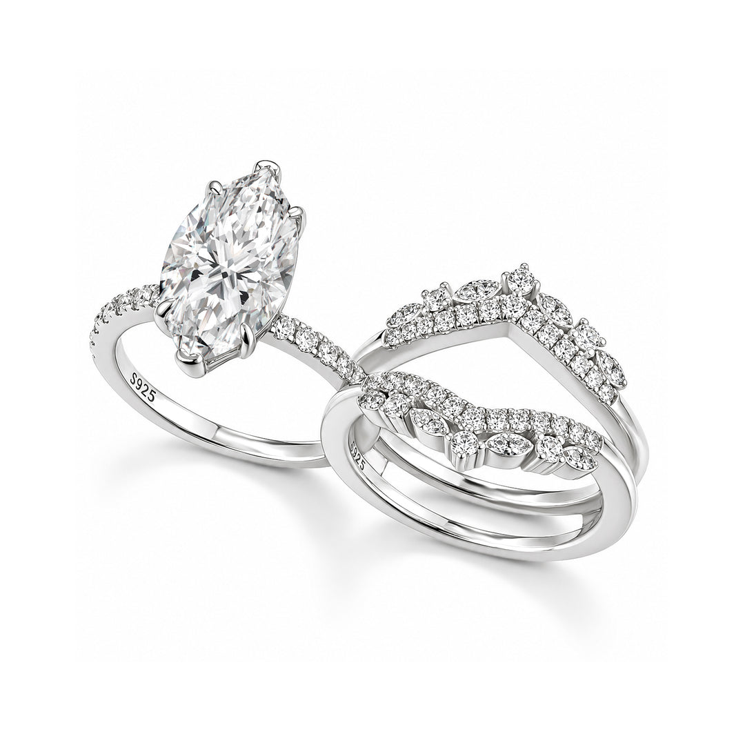 Moissanite 4.0Ct Marquise Cut White Gold Stack Wedding Ring with Jacket Wedding Band