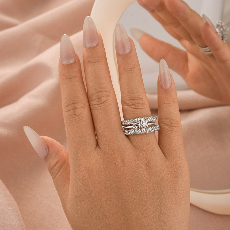 Moissanite 3.0 Ct Round Cut Engagement Ring with Half Round Cut Wedding Band