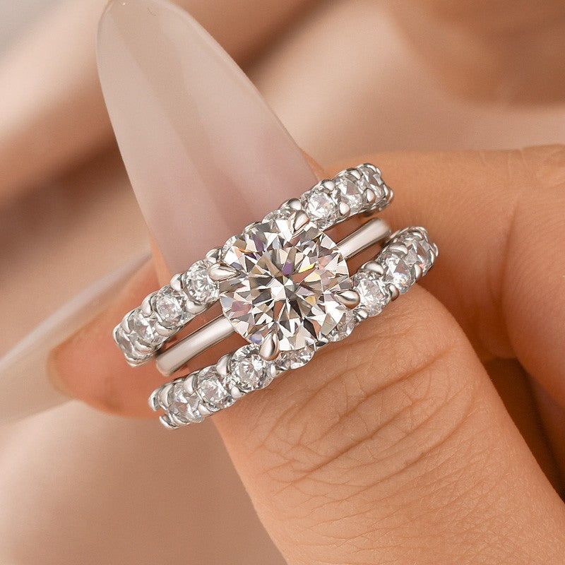 Moissanite 3.0 Ct Round Cut Engagement Ring with Half Round Cut Wedding Band